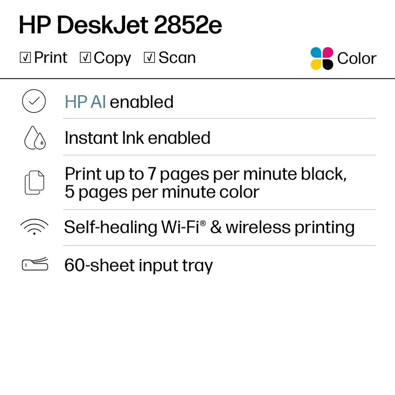 HP DeskJet 2852e Wireless All-in-One Color Inkjet Printer, Scanner, Copier, 3 months Free Instant Ink