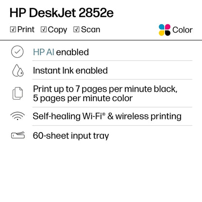 HP DeskJet 2852e Wireless All-in-One Color Inkjet Printer, Scanner, Copier, 3 months Free Instant Ink